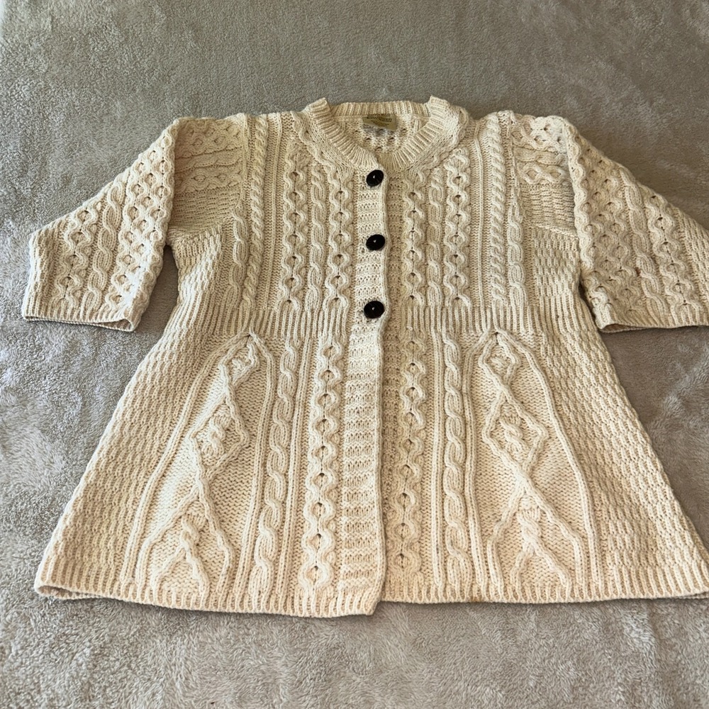 Kilronan Knitwear 100% Irish Merino Wool Sweater 3/4 Sleeves Cream Size M NOTE